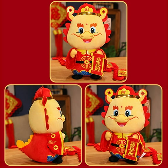 2024 Dragon Year Mascot Plush Toy Cute Festive God of Wealth Doll with 3D Dragon Horns Activity Gift -S