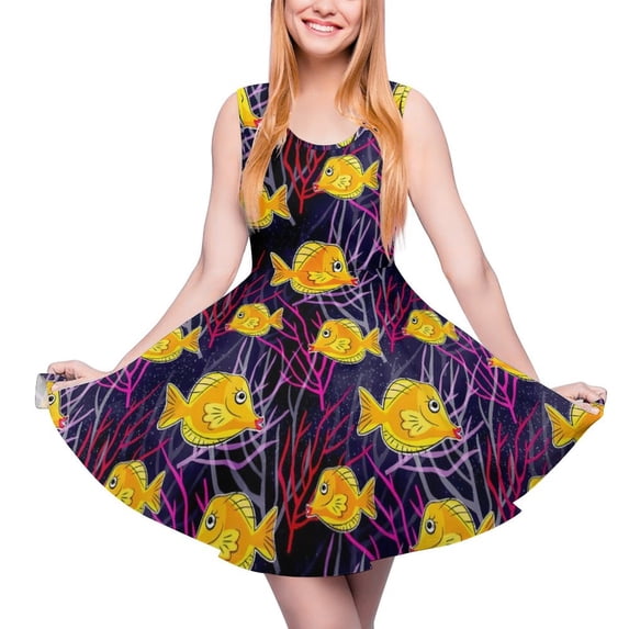 2024 Dress Skate Custom Vintage Oversized Female Summer Dresses Casual Tang Yellow Waist High Dress Ocean The in Fish Sea