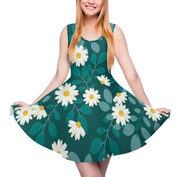2024 Dress Skate Graphic Elegant Oversized Female Summer Dresses Fashion Korean Print Floral Sleeveless Dress Daisies Blue And Yellow