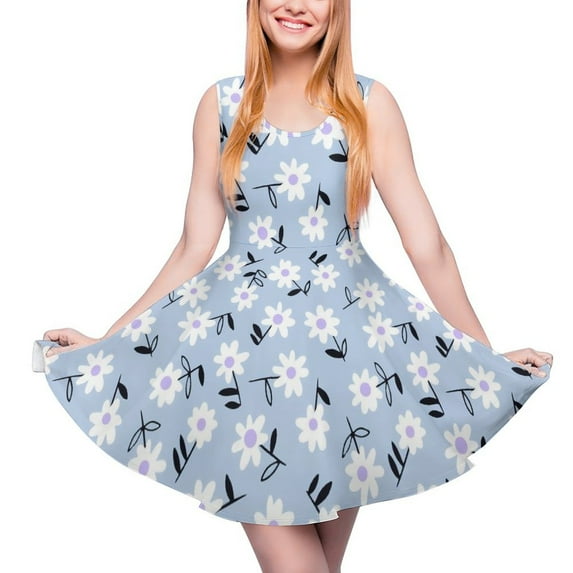 2024 Dress Skate Graphic Elegant Oversized Female Summer Dresses Fashion Korean Print Floral Sleeveless Dress Daisies Blue And Yellow