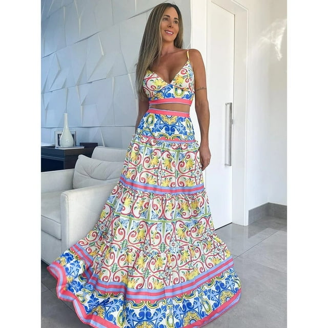 2024 Dress Women Summer V Neck Spaghetti Strap Floral Sleeveless Casual Split Long Maxi Dress