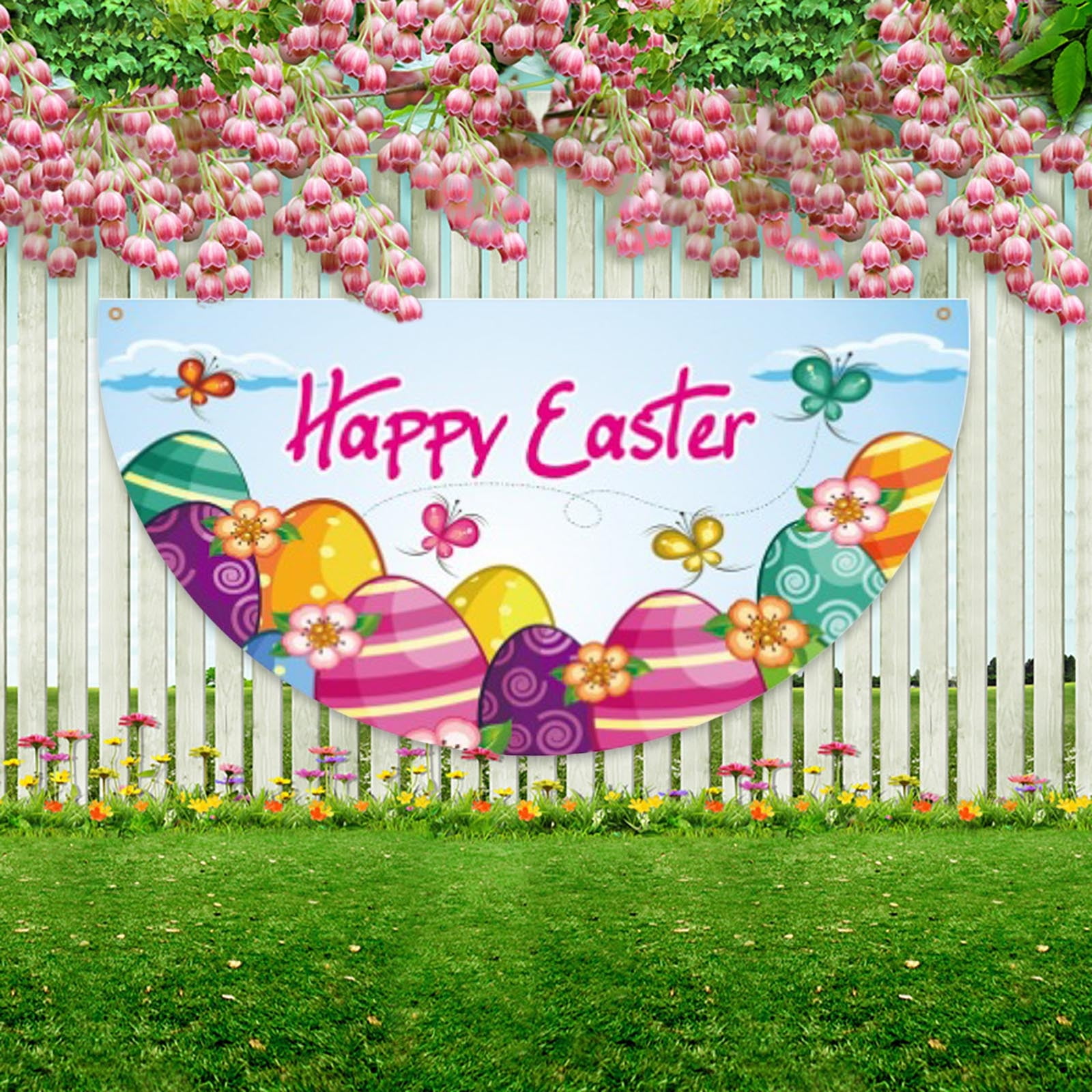 2024 Easter Garden Skirt Flag Cute Cartoon Egg Bunny Butterfly Pattern ...