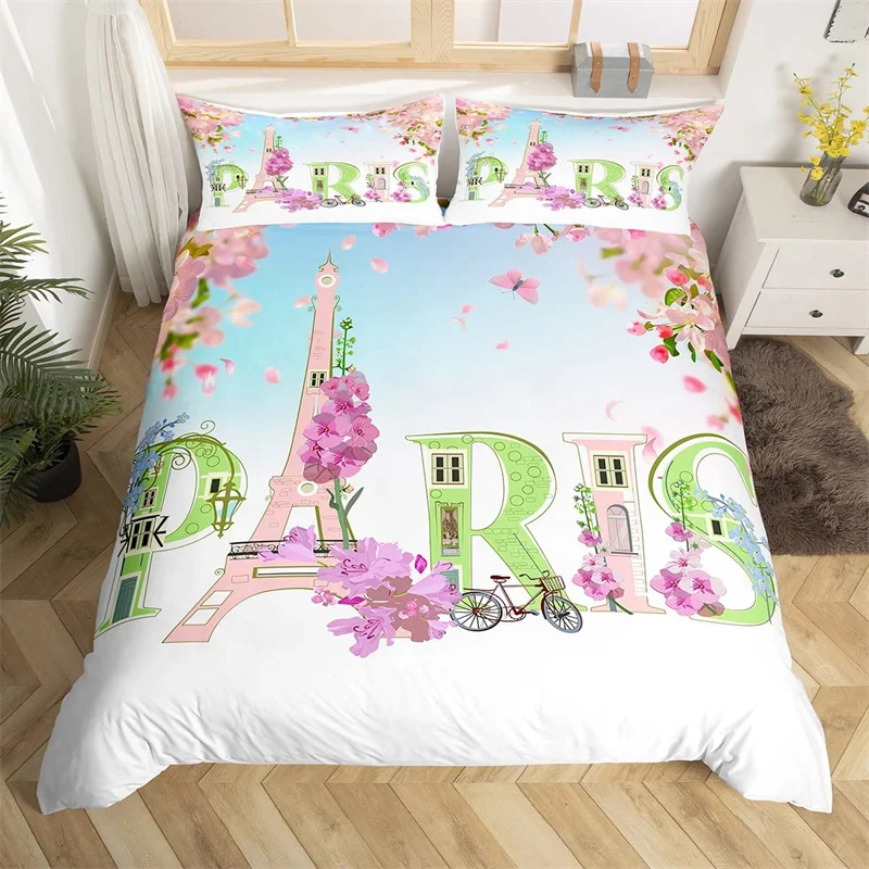 Paris Eiffel Tower Bedding Set Twin Size - Lavender Floral Butterfly Duvet Cover With Love Quotes, 1 Pillowcase