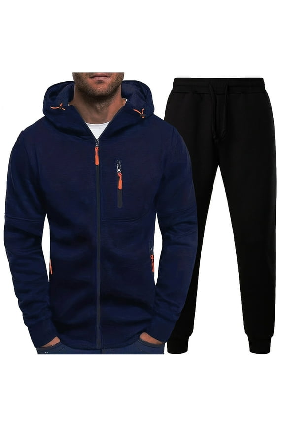2024 End-of-year Clearance! 2 Piece Sweatsuits for Men Tracksuit Sets Long Sleeve Full Zip Hoodie Sweatshirt Sweatpants Suits for Casual Sports Jogging Running - Navy