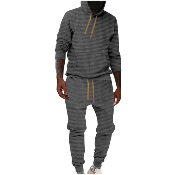2024 End-of-year Clearance! Men's 2 Piece Outfits Hoodie Tracksuit Sweatshirt & Joggers Sweatpants Sweatsuit Fashion Solid Color Loungewear Sets With Kangaroo Pockets - Dark Gray