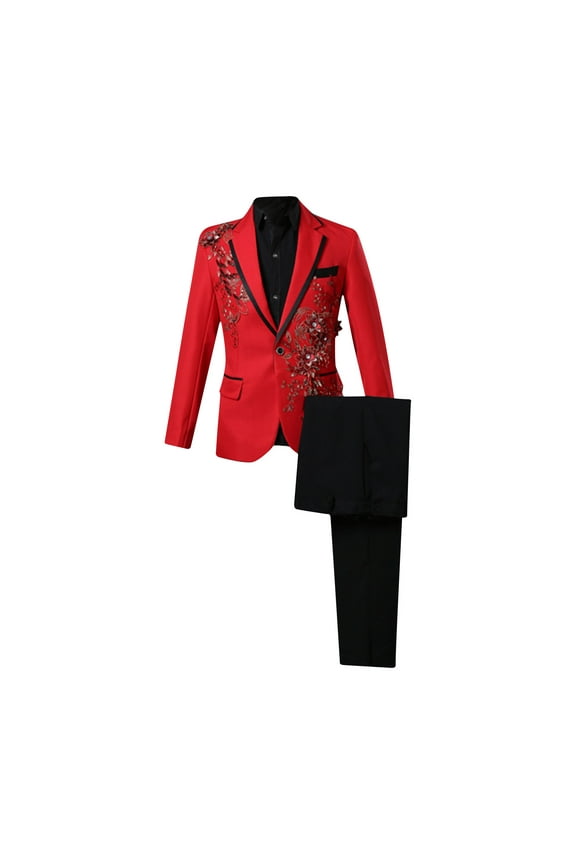 2024 End-of-year Clearance! Men's 2 Piece Stylish Dinner Tux Dress Suit Slim Fit Flower Printed Sequin Blazer Suit Performance Costume Stage Button Long Sleeved Jacket Trousers Outfit - Red