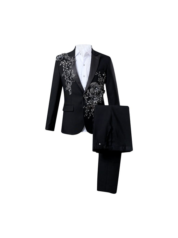 2024 End-of-year Clearance! Men's 2 Piece Stylish Dinner Tux Dress Suit Slim Fit Flower Printed Sequin Blazer Suit Performance Costume Stage Button Long Sleeved Jacket Trousers Outfit - Black