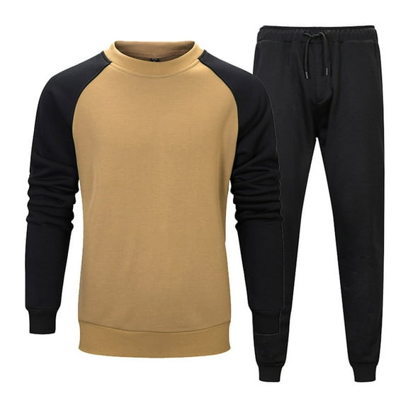 2024 End-of-year Clearance! Men's 2 Piece Sweatsuits Outfits Casual Colorblock Crewneck Pullover Sweatshirt Joggers Sweatpants Set Tracksuit - Khaki