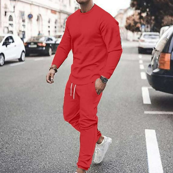 2024 End-of-year Clearance! Men's Tracksuit Casual Long Sleeve Round Neck Sweatshirts Tops Joggers Pants Set Two Piece Sweatsuits Outfits Sports Suit - Red
