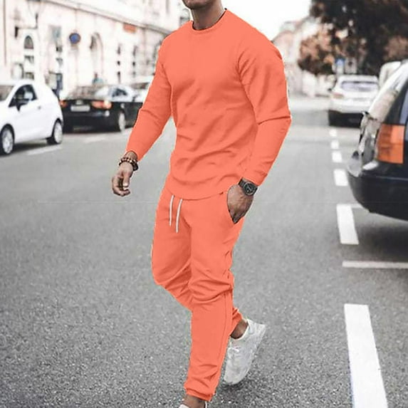 2024 End-of-year Clearance! Men's Tracksuit Casual Long Sleeve Round Neck Sweatshirts Tops Joggers Pants Set Two Piece Sweatsuits Outfits Sports Suit - Pink