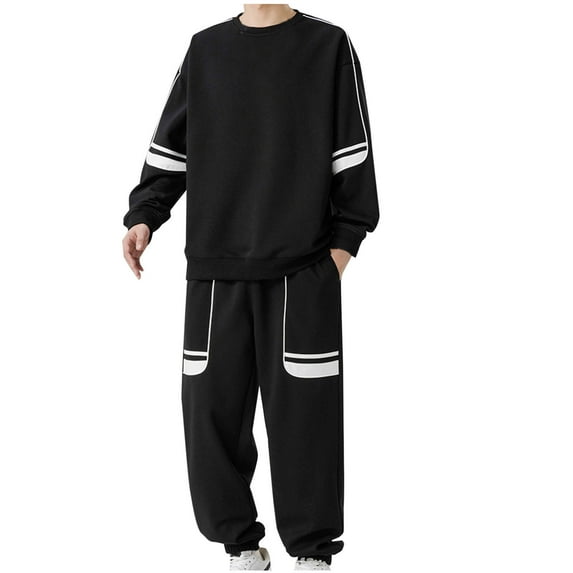 2024 End-of-year Clearance! Men's Tracksuits 2 Piece Outfits Casual Colorblock Pullover Sweatshirts Jogging Pants Sweatsuits for Men Sportswear Suits - Black