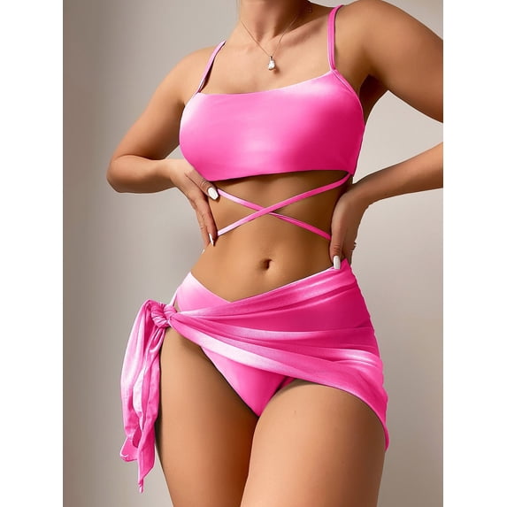 2024 Europe and the United States cross-border tie-dyed bikini swimsuit women's three-piece gauze skirt split Bikini Amazon swimsuit