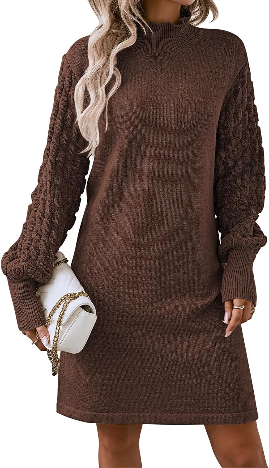 2024 Fall Long Sleeve Mock Neck Sweater Dress Casual Loose Ribbed Knit