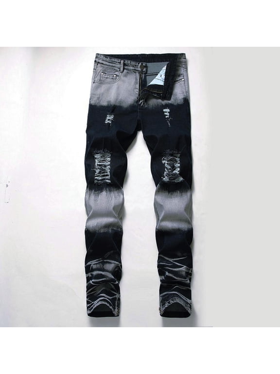 2024 Fall Saving! Men's Jeans Straight Regular Fit Stretch Pants Casual Denim Trousers Ripped Design Stylish Jeans with Pockes Clearance $50 & under !