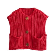 2024 Fall Trendy Sweater Vest for Women Cropped Button Down Cardigan Sleeveless Crochet Chunky Knit Crop Tops with Pockets Cute Fall Outfits for Women 2024 red Small