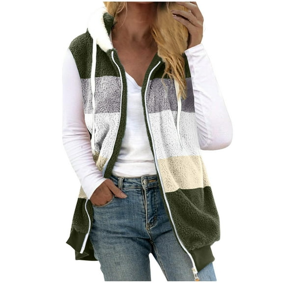2024 Fall Winter Fleece Sleeveless Vest for Women Solid Zipper Drawstring Hooded Coat Soft Cozy Warm Plus Size Outwewear