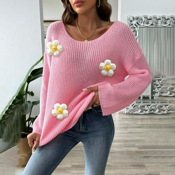 2024 Fall Winter Women'S Sweater Loose Sexy Off Shoulder Flared Sleeve With Floral Embroidered Ribbed Knit Sweaters Pullover Jumper Tops Pink L
