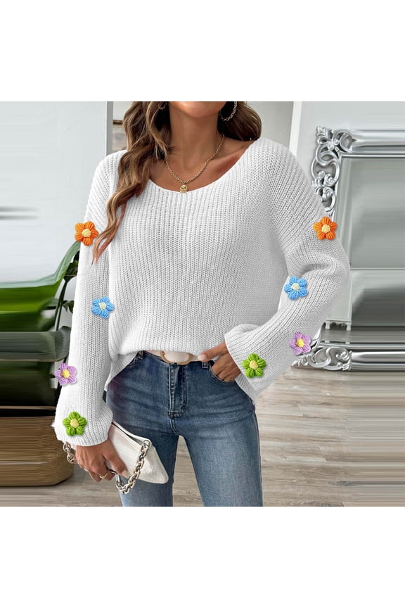 2024 Fall Winter Women'S Sweater Loose Sexy Off Shoulder Flared Sleeve With Floral Embroidered Ribbed Knit Sweaters Pullover Jumper Tops White L
