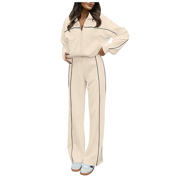 2024 Fall Women's Tracksuit - Long Sleeve Zip Up Sweatshirt & Wide Leg Pants, Exposed Seam, Size S-XL