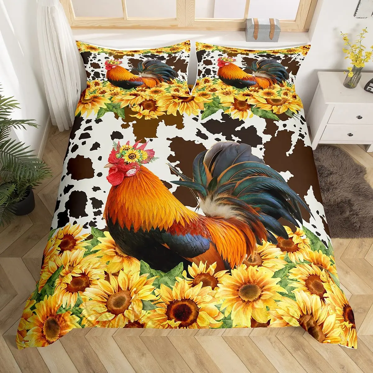 2024 Farm Animal Chicken Duvet Cover Twin King Size Country Sunflower