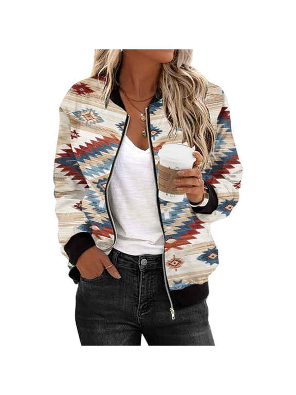 2024 Fashion Aztec Printed Outerwear for Women Vintage Western Ethnic Jackets Zipper Up Fall Long Sleeve Attire for Party Outing