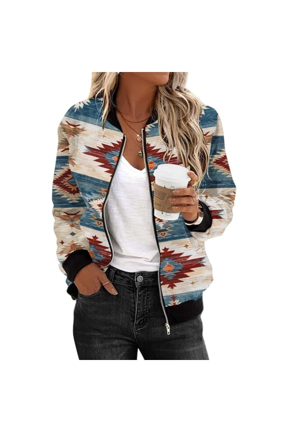 2024 Fashion Aztec Printed Outerwear for Women Vintage Western Ethnic Jackets Zipper Up Fall Long Sleeve Attire for Party Outing