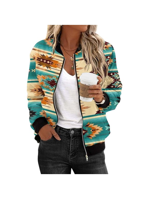 2024 Fashion Aztec Printed Outerwear for Women Vintage Western Ethnic Jackets Zipper Up Fall Long Sleeve Attire for Party Outing