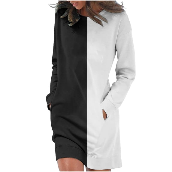 2024 Fashion Casual Dress for Women O-Neck Long Sleeve Mini Dresses Loose Print Short Dress with Pockets