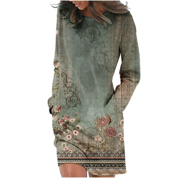2024 Fashion Casual Dress for Women O-Neck Long Sleeve Mini Dresses Loose Print Short Dress with Pockets