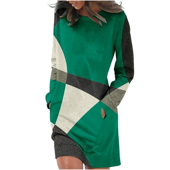 2024 Fashion Casual Dress for Women O-Neck Long Sleeve Mini Dresses Loose Print Short Dress with Pockets