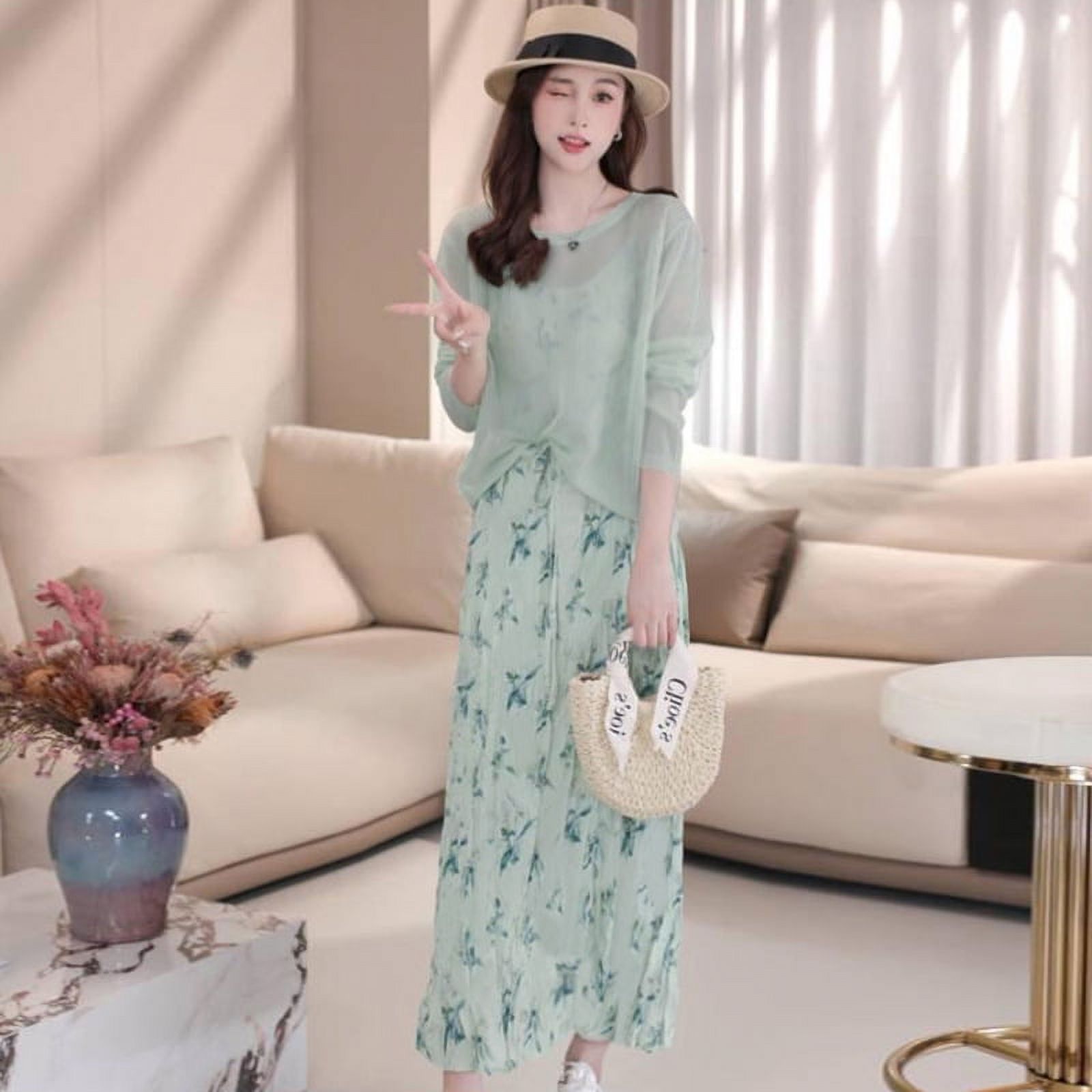 2024 Fashion Design Holiday Style Pleated Ink Flower Sling dress Women