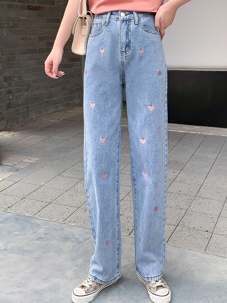 2024 Fashion Heart Embroidered Jeans Vintage Washed Love Jeans Women Straight Wide Leg Pants Loose High Waist Slim Denim Walmart