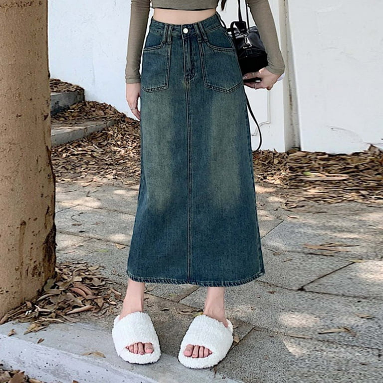 2024 Fashion High waist thin vintage washed back split denim skirt Blue XL Walmart