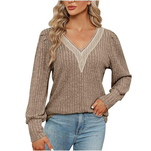 2024 Fashion Long Sleeve Sweater for Women V-Neck Patchwork Pullover Trendy Loose-Fit Comfy Casual Tops