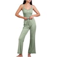 thumbnail image 1 of 2024 Fashion Ribbed Pajamas Suits for Women Sleeveless Lace Straps Tank Tops Drawstring Long Pants 2 Piece Loungewear Sets Green,S, 1 of 5