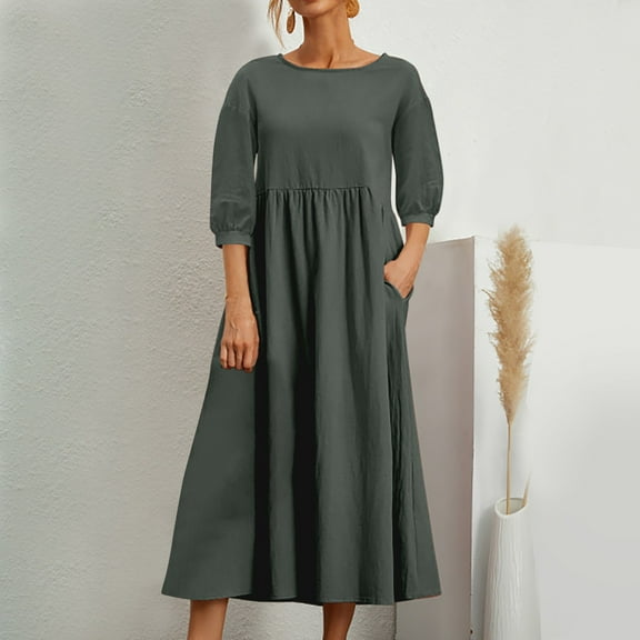 2024 Fashion Summer OL Temperament Women's And Linen Round Neck A Line Skirt Plus Size Loose Dress Long Sleeve Maxi Dresses for Women Women Solid Tunic Dress Hi Low Dress for Women Womens Summer