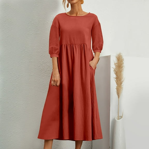 2024 Fashion Summer OL Temperament Women's And Linen Round Neck A Line Skirt Plus Size Loose Dress Long Sleeve Maxi Dresses for Women Women Solid Tunic Dress Hi Low Dress for Women Womens Summer