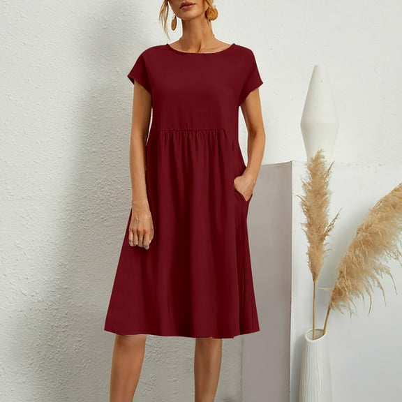 2024 Fashion Summer OL Temperament Women's And Linen Round Neck A Line Skirt Plus Size Loose Dress plus Size Dress Business Casual Dresses for Women Summer Dresses for Women Mini Dresses for Women