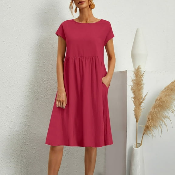 2024 Fashion Summer OL Temperament Women's And Linen Round Neck A Line Skirt Plus Size Loose Dress plus Size Dress Business Casual Dresses for Women Summer Dresses for Women Mini Dresses for Women