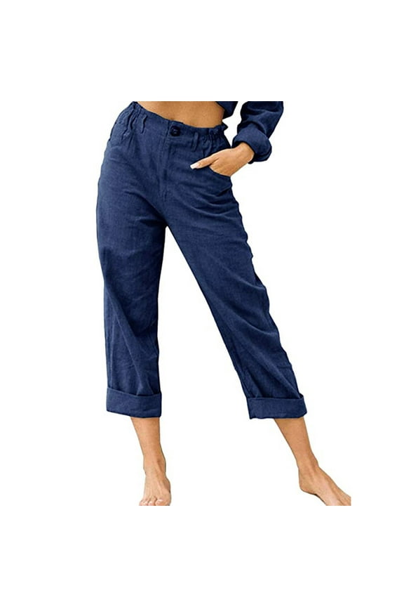 2024 Fashion Wide Leg Linen Pants for Women High Waisted Button Down Linen Flowy Crop Trousers with Pockets