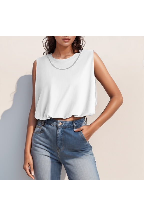 2024 Fashion Women Summer Crop Tank Top Basic Crew Neck Sleeveless Loose Fit Cropped Tee Shirts T Shirts Women Large Womens Baseball Neck Tee Workout Shirt Tee Shirts Women Apparel Shirt Wide Stripe