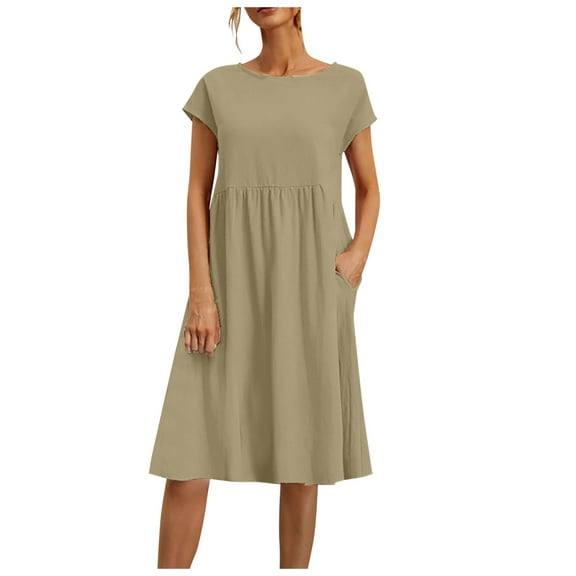2024 Fashion Women's Casual Linen Dress OL Elegant A-Line Round Neck Loose Fit Summer Skirt Comfortable Stylish Plus Size 2025 Vacation Dress Stylish Beach Sundress