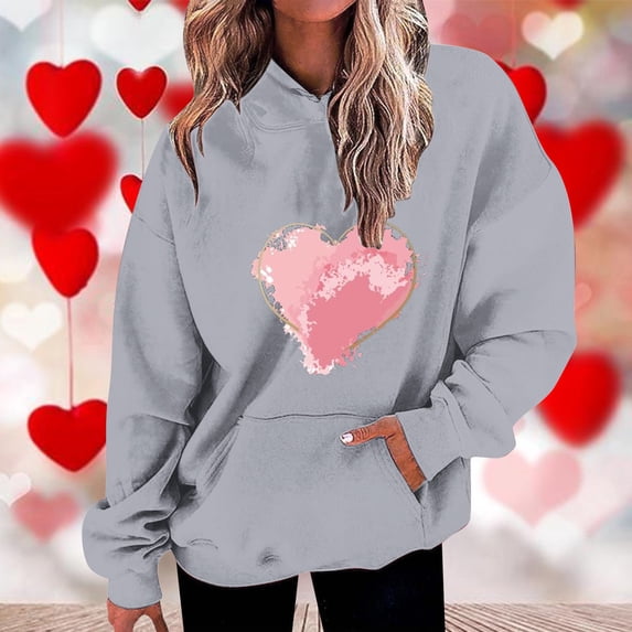 2024 Fashion Womens Hoodie in Clearance Womens Fashion Casual Valentines Day Printing Long Sleeve Tops Hoodie Sweatshirts Womens Gifts, Gray M