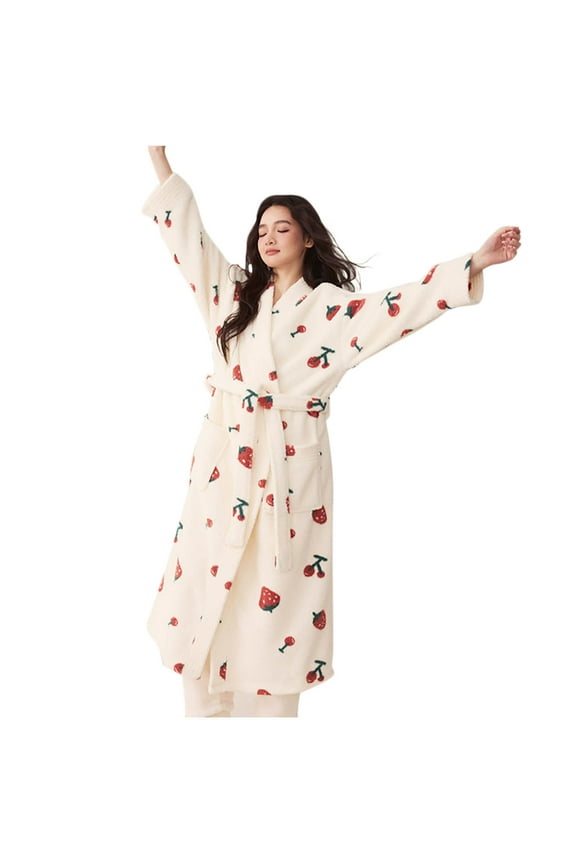 2024 Fleece Warm Fuzzy Bathrobe for Women Cute Funny Banana Pattern Loungewear Winter Long Sleeve Fuzzy Housecoat Sleepwear