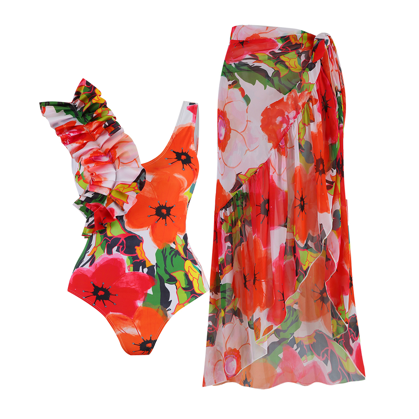 2024 Floral Print Shoulder Ruffle One Piece Swimsuit With Cover Up
