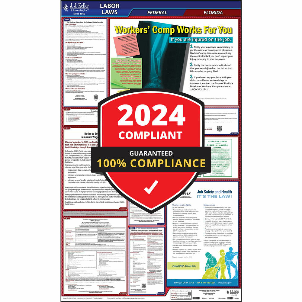 2024 Florida and Federal Labor Law Poster (English, FL State) - OSHA Compliant All-in-One Laminated Poster