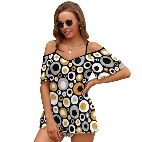 2024 Funky Mid Century Modern Circles-Gold Silver Black Women Zipper Sexy Printed Vintage T Shirts Tops Full Print T-Shirt
