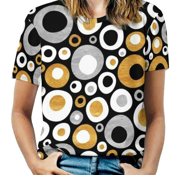 2024 Funky Mid Century Modern Circles-Gold Silver Black Women Zipper Sexy Printed Vintage T Shirts Tops Full Print T-Shirt