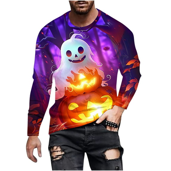 2024 Funny Halloween Costume Mens Funky Ghost Pumpkin Printed Shirts Trendy Crew Neck T-shirt Plus Size Fall Clothes S-6XL
