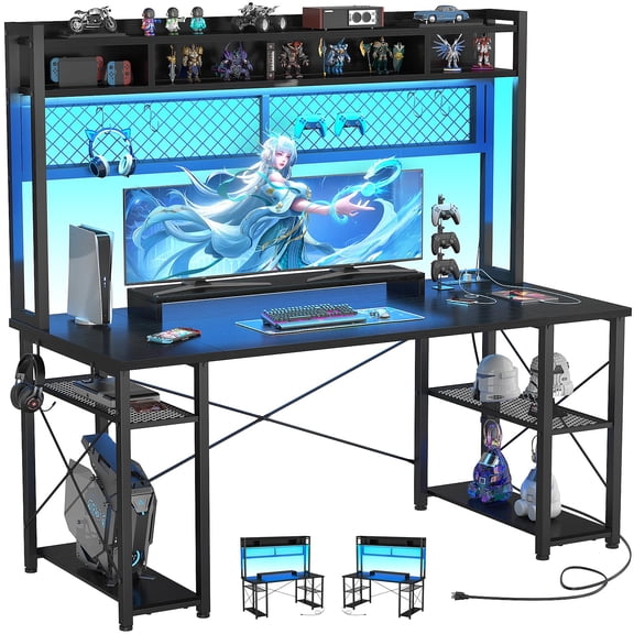 55.2 Inch Gaming Desk with Hutch and LED Lights, Computer Desk with Charging Station, DIY Pegboard Workstation Table for PC Setup, Black